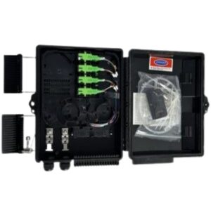 Caja de terminación FTTH de pared/poste 16 Puertos IP65 + Splitter 1*8 SC/APC + 8 Adaptadores SC/APC, Negra